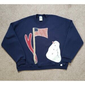 Vintage 90s Russell Athletic Crew-Neck Sweater Size M  Embroidered Flag Snowman